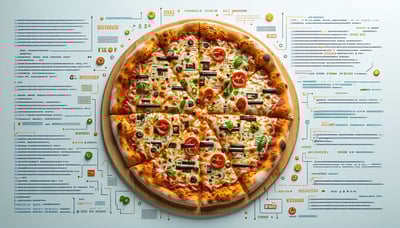 Illustration of a pizza with code snippets around it, symbolizing the integration of technology and food.