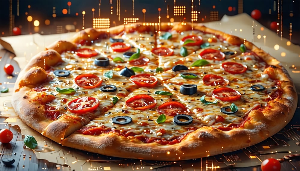 Illustration of a pizza with digital code elements